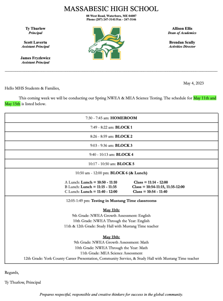 Spring Assessment Schedule - May 11th & May 15th